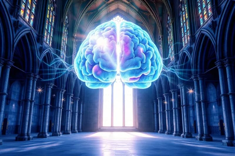 Ondas sonoras abstractas interactuando con neuronas en un cerebro, colores serenos