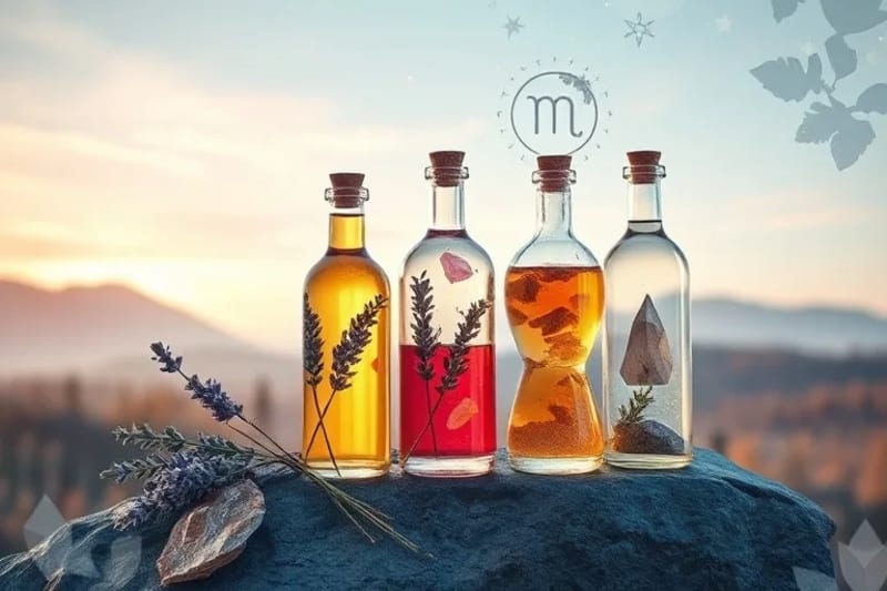 Botellas de vidrio artesanales con elixires de colores, hierbas y cristales, sobre una piedra pulida