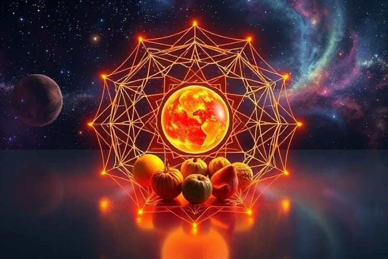 Representación abstracta 3D de energía fluyendo entre planetas, alimentos y un aura humana