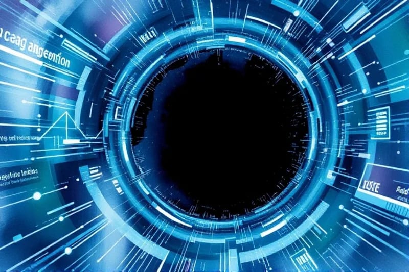 Digital art of data streams flowing into a singularity, representing AI analysis