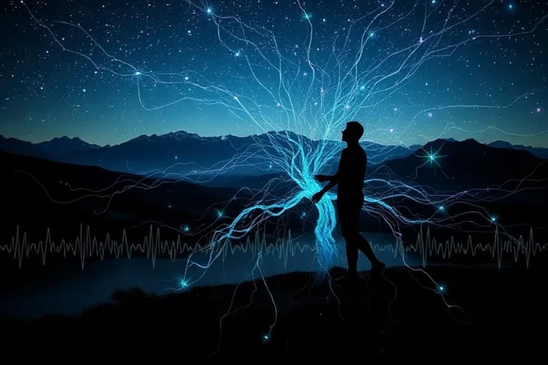 Abstract digital art of neural pathways with data overlays