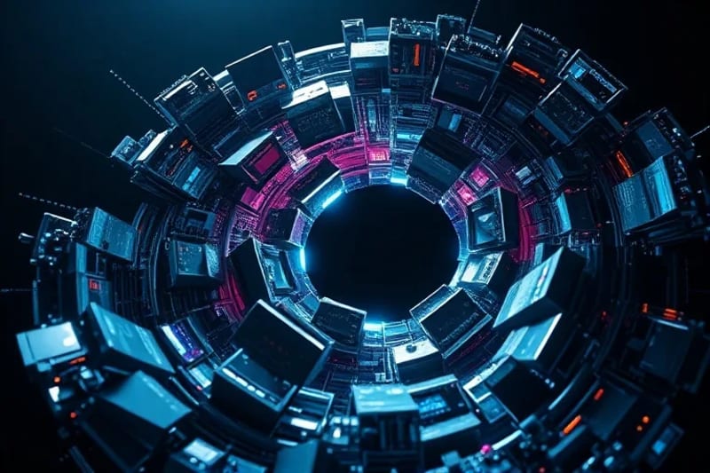 Abstract sculpture representing spacetime distortion with integrated circuits and holographic equations