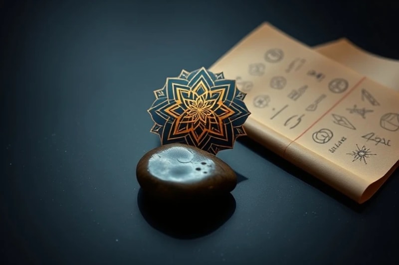 Conceptual still-life of a river stone, circuit board, and scroll