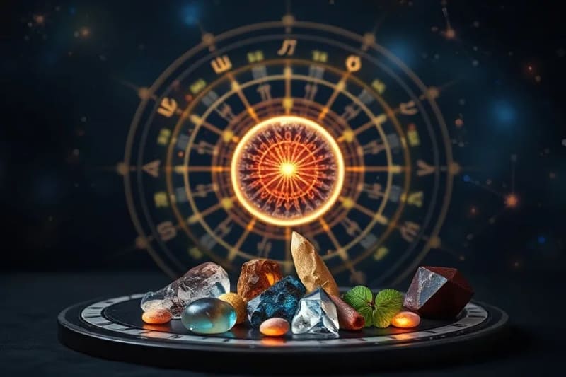 Representación conceptual de chakras y alimentos vibracionales con cristales