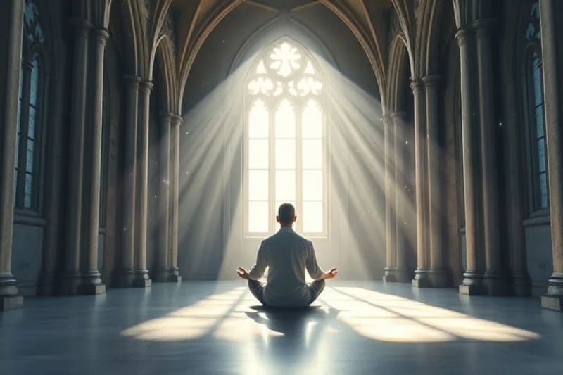 Persona meditando en una habitación tranquila, con símbolos digitales desvaneciéndose a su alrededor.
