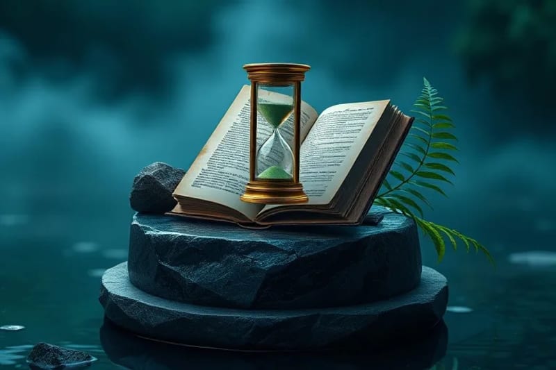 Reloj de arena antiguo con elementos naturales, simbolizando el paso del tiempo y la introspección.