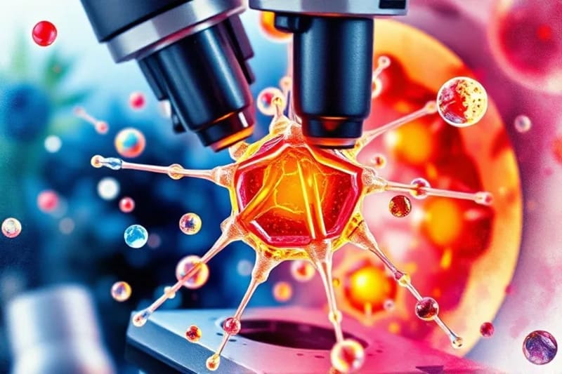 Células humanas vibrantes bajo un microscopio con elementos de biohacking