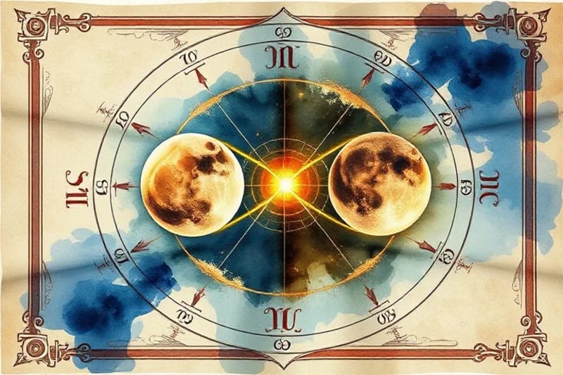 Illuminated manuscript page with astrological symbols and golden threads, representing a soul contract