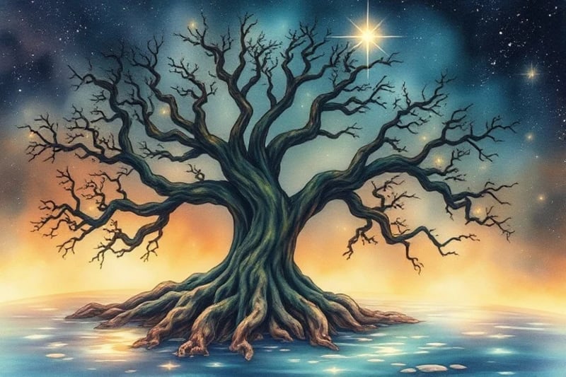 Árbol antiguo con raíces en un estanque que refleja vidas pasadas
