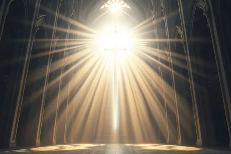 Representación simbólica de una espada de luz divina perforando energías caóticas, con sutiles alas angélicas, simbolizando la guerra espiritual.