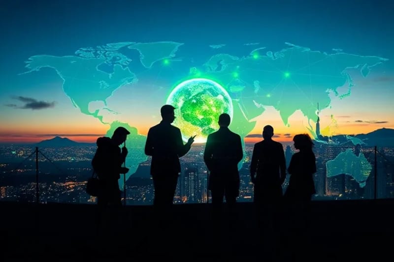 Red global de finanzas descentralizadas con nodos verdes y azules