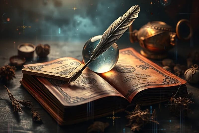 A quill pen poised over a grimoire with sigils, beside a crystal ball and dried herbs, bathed in soft light.