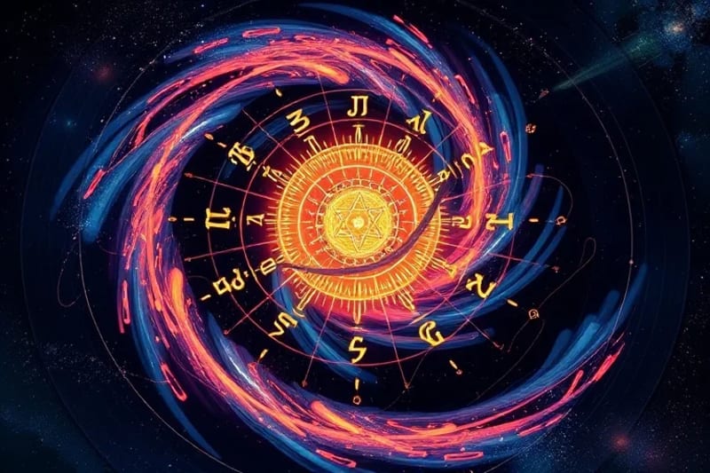 Abstract 3D render of a swirling vortex of luminous energy streams with embedded linguistic patterns and geometric sigils, against a cosmic background.