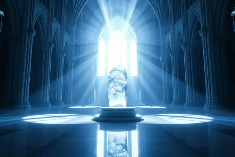 Representación futurista de un altar minimalista con un cristal de datos brillante, rodeado de partículas digitales que simbolizan la conexión humana y la oración.