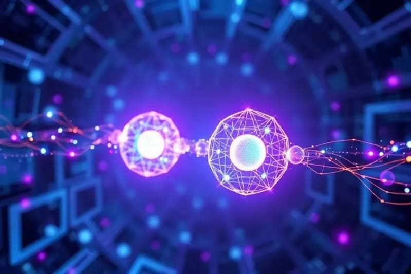 Representación abstracta de qubits entrelazados intercambiando información a través de un túnel etéreo, simbolizando comunicación segura cuántica.
