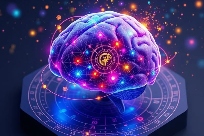 Representación digital de un cerebro humano conectado a cartas astrales y elementos de realidad virtual, con flujos de energía.