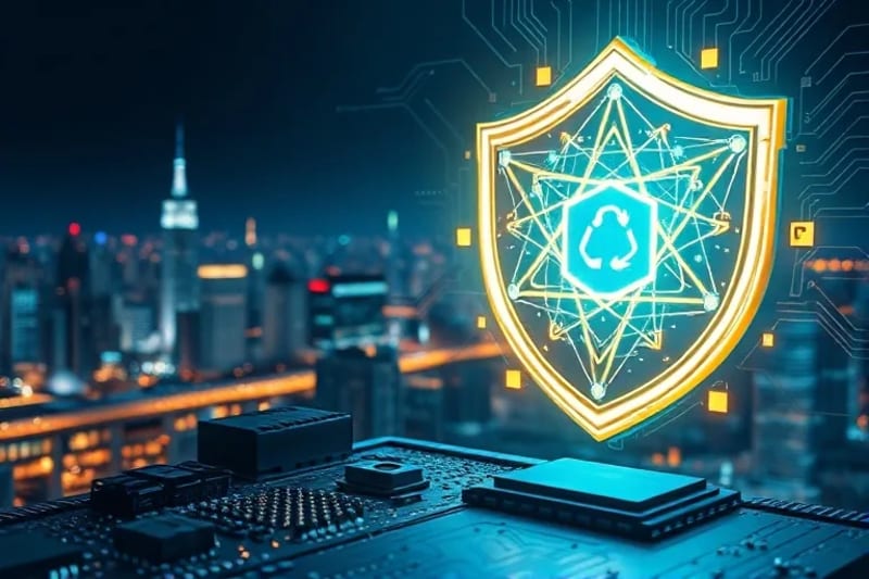 Ilustración de un escudo digital estilizado protegiendo una ciudad nocturna, con símbolos cuánticos integrados en su diseño, emitiendo un brillo protector.