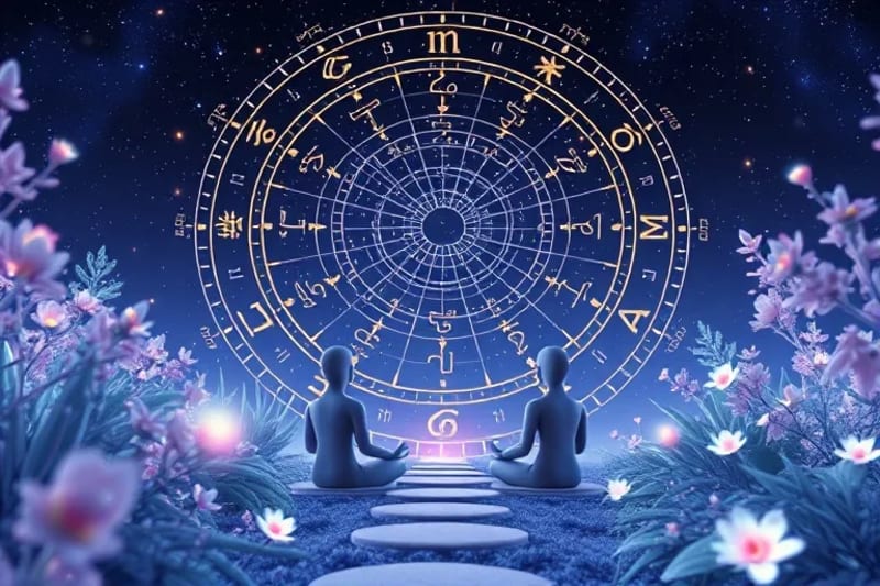 Jardín virtual tranquilo con avatares meditando, rodeados de plantas holográficas que pulsan con ciclos celestes.