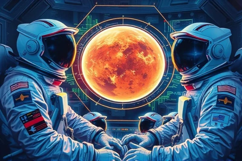 Astronautas usando visores de realidad aumentada para visualizar rutas interplanetarias y datos orbitales en una sala de control.