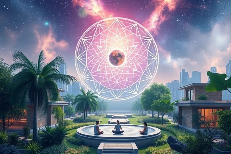 Pintura digital de un sereno parque urbano futurista, con personas en actitud contemplativa. La arquitectura orgánica se fusiona con la naturaleza, y una proyección holográfica de alineaciones planetarias simboliza la conexión cósmica.