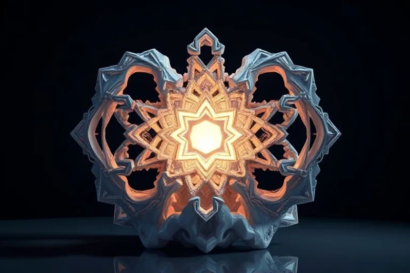 Escultura futurista de fractales digitales con luz pulsante