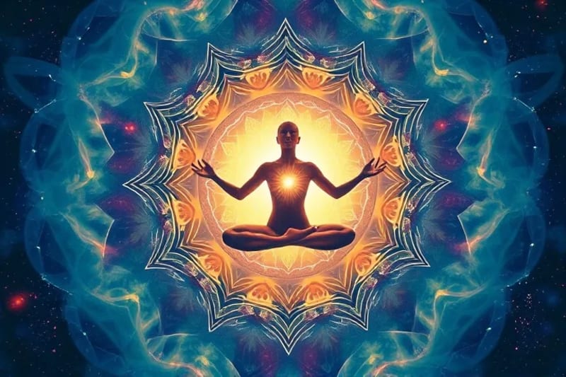 A digital painting of a person meditating, surrounded by swirling colors representing emotional balance and inner peace.