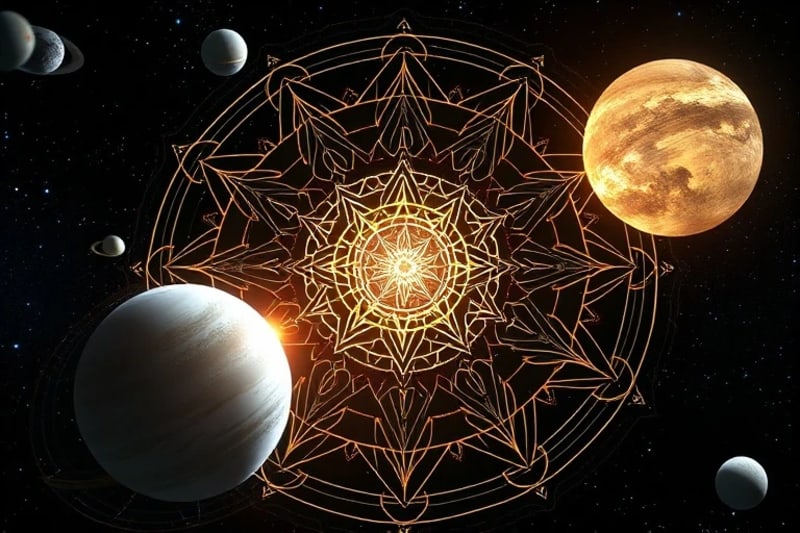 A 3D render of abstract celestial mechanics with glowing gears and orbits, symbolizing the individual's consciousness observing cosmic dance.