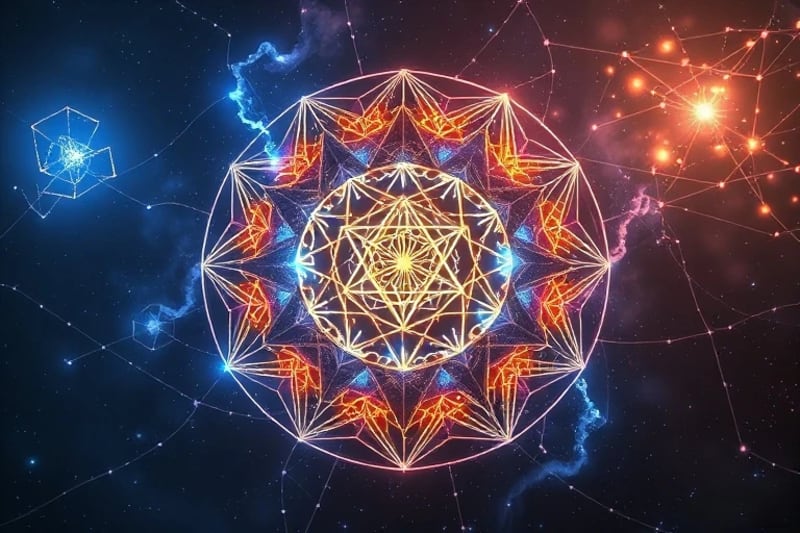 Representación de geometría sagrada conectada con redes neuronales y energía cósmica