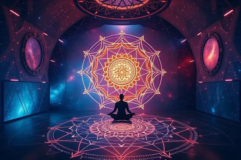 Cámara de meditación futurista en el metaverso con proyecciones holográficas de geometría sagrada y un mapa cósmico en el suelo.