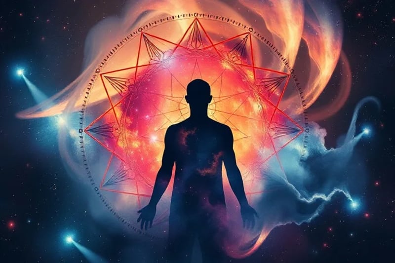 Silueta humana abstracta fusionándose con un remolino de colores oscuros y claros, simbolizando la integración de aspectos ocultos de la psique.