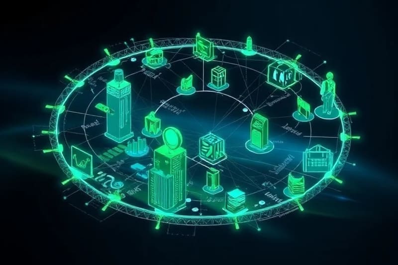 Diagrama vectorial que ilustra una cadena de suministro con nodos de blockchain interconectados, mostrando la trazabilidad de los productos desde el origen hasta el reciclaje.