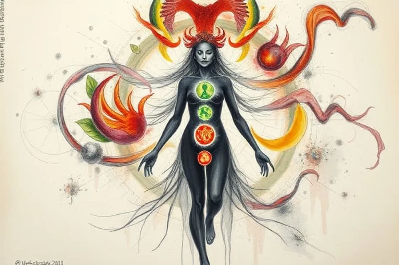 Figura etérea con chakras brillantes, rodeada de alimentos energéticos que nutren y armonizan cada centro de energía.