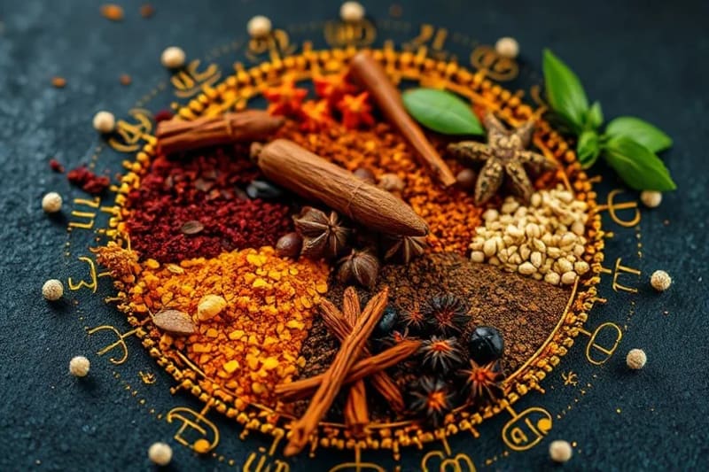 Mandala intrincado de especias y hierbas curativas, con sutiles brillos energéticos, simbolizando la conexión cósmica y la sanación natural.
