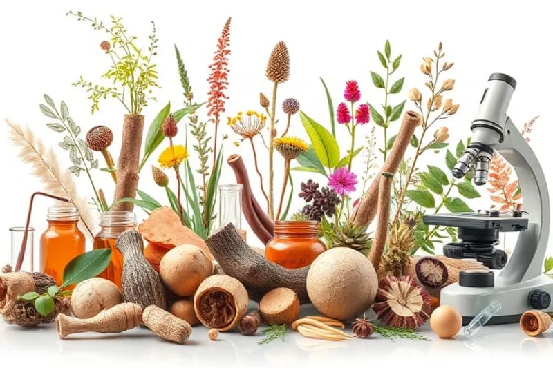 Bodegón de plantas medicinales tradicionales y equipo de laboratorio moderno, representando la fusión de la sabiduría ancestral y la ciencia.