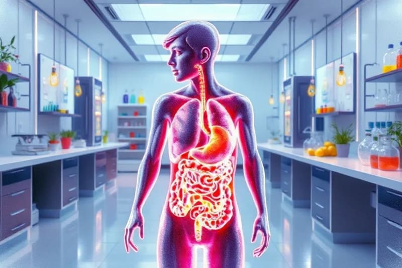 Laboratorio futurista con pantallas holográficas mostrando estructuras moleculares de plantas y un sistema digestivo humano estilizado, simbolizando la nutrición funcional.