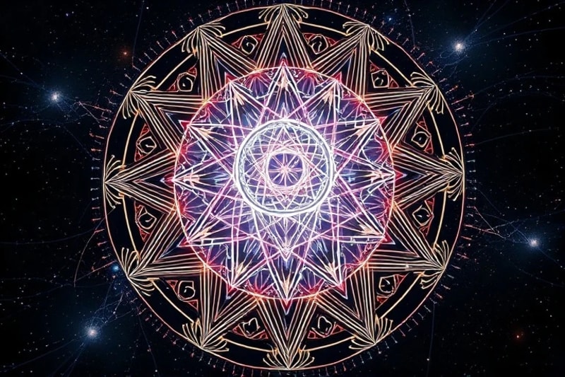 Digital painting of abstract karmic energy flowing through a human-like figure, connecting to an energetic blueprint.