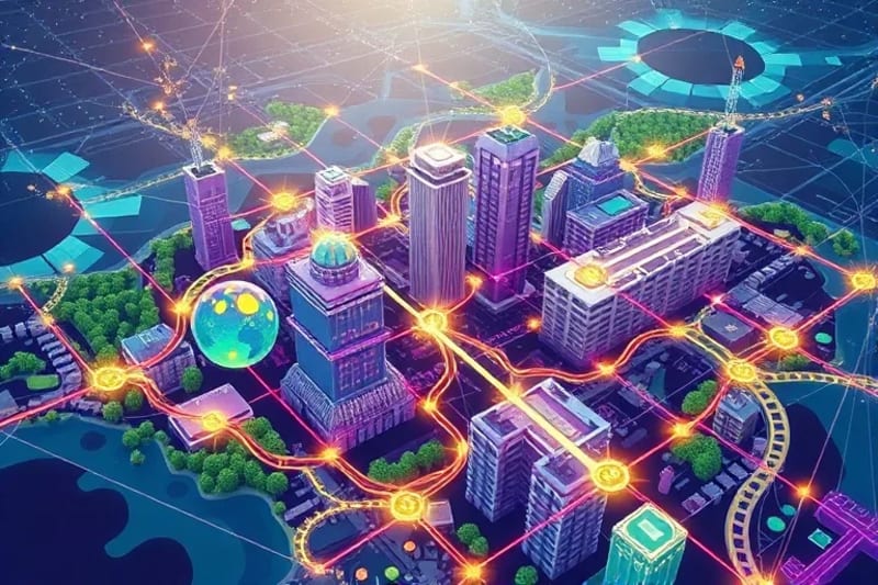 Mapa de ciudad estilizado con líneas de energía y símbolos de datos