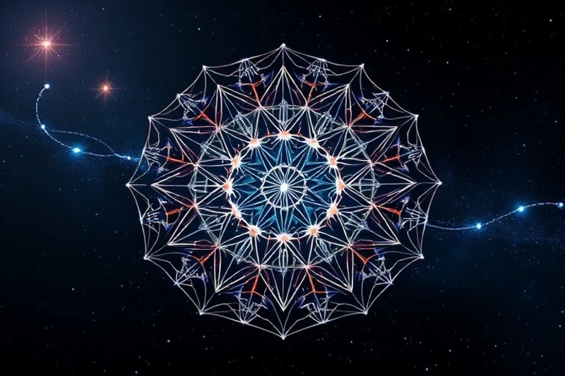 3D render of a complex network of interconnected nodes and pathways resembling a neural network and a star map.