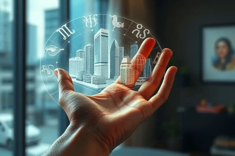 Mano tocando una proyección holográfica de una ciudad inteligente con datos de sostenibilidad