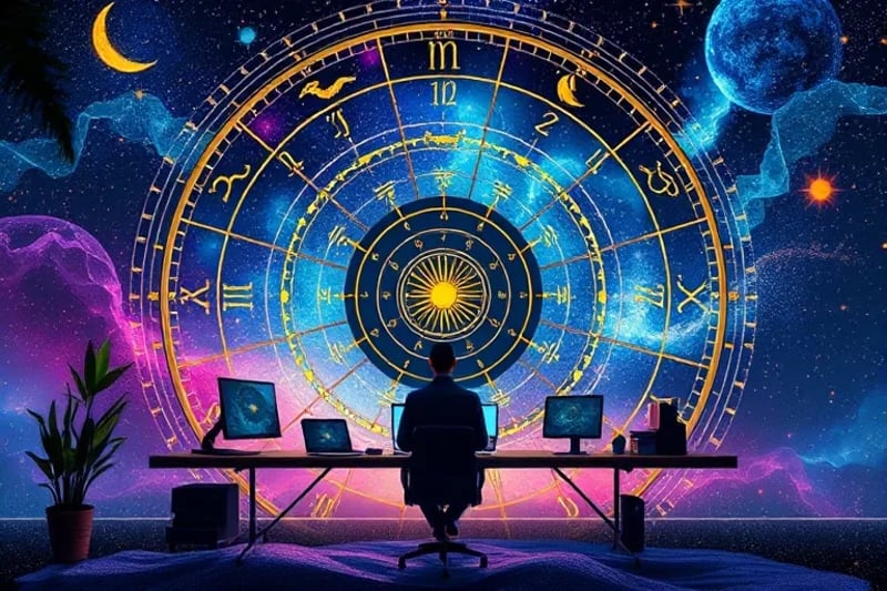 Abstract digital art representing cosmic energies flowing into a workspace, connecting technology and human silhouette.