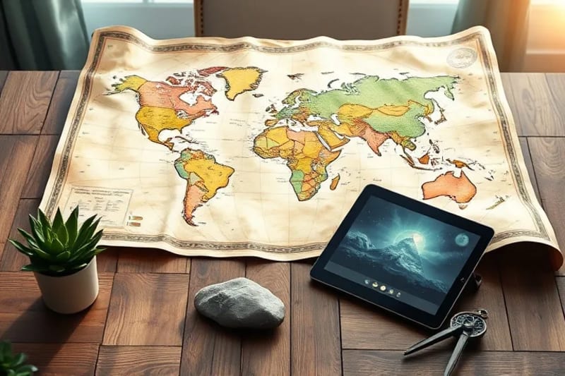 Watercolor illustration of a world map, tablet, plant, stone, and compass, symbolizing nomadic work and Feng Shui harmony.