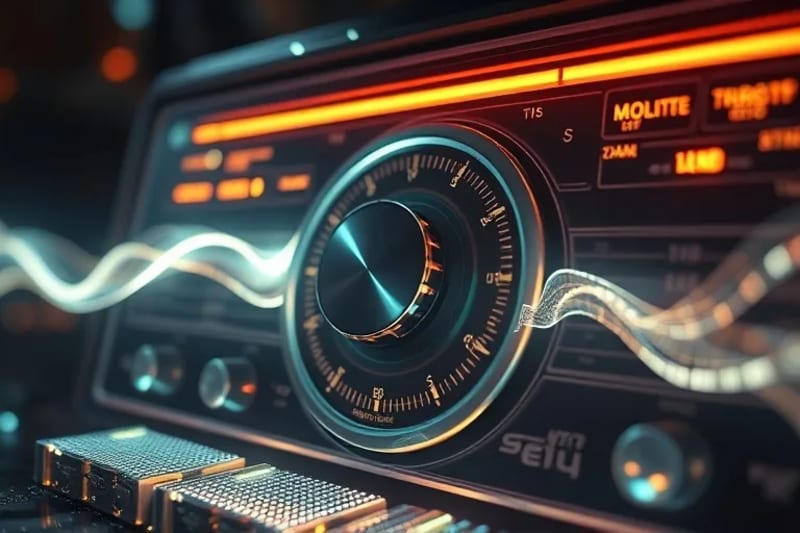 Representación abstracta de ondas de frecuencia que saltan desde un dial de radio antiguo, rodeado de patrones de circuitos digitales, simbolizando la invención del espectro ensanchado.