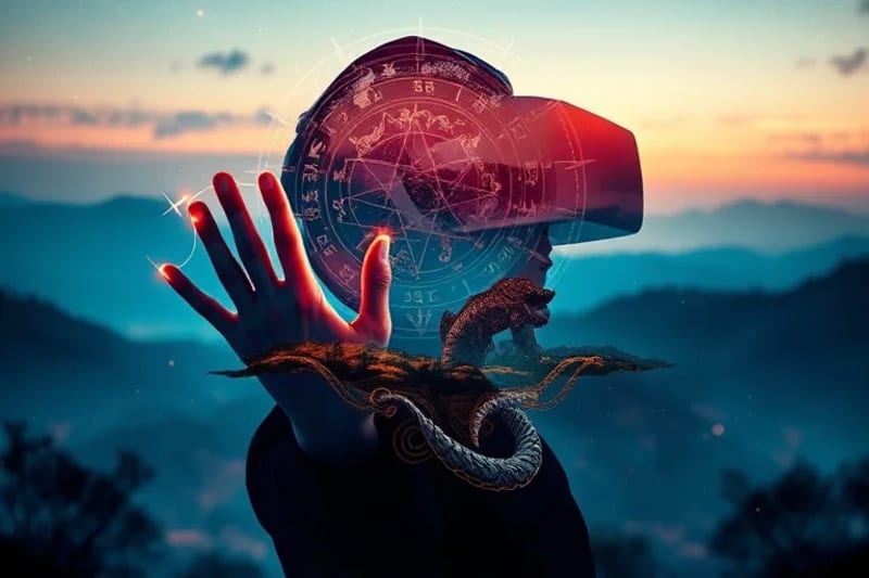 Digital painting of a person in VR headset interacting with abstract digital landscape, incorporating tribal patterns