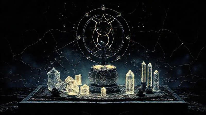 3D render of ancient ceremonial tools glowing with digital energy on a futuristic altar