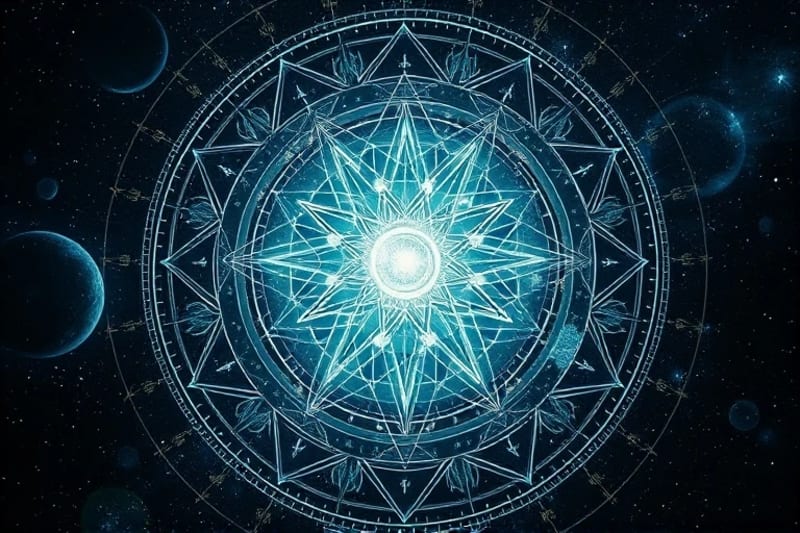 Digital painting of a composite chart with translucent figures and energy lines, symbolizing past life echoes and evolutionary connections.