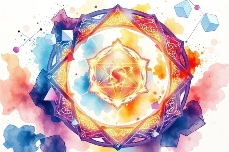 Abstract 3D render of luminous, crystalline pathways with floating geometric shapes, symbolizing the unpacking of karmic patterns and soul's journey.