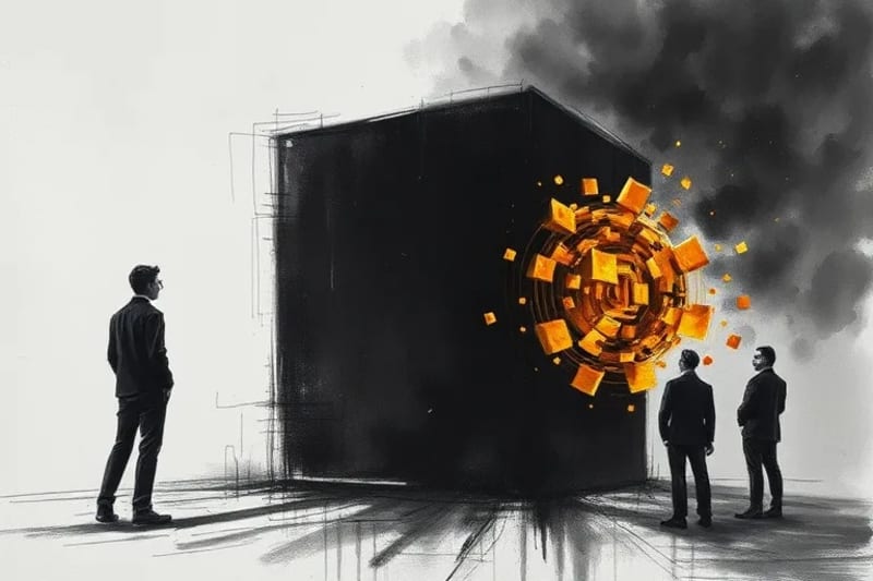Pintura abstracta que representa la transición de una caja negra opaca a una estructura fragmentada y luminosa, simbolizando la explicabilidad de la IA.