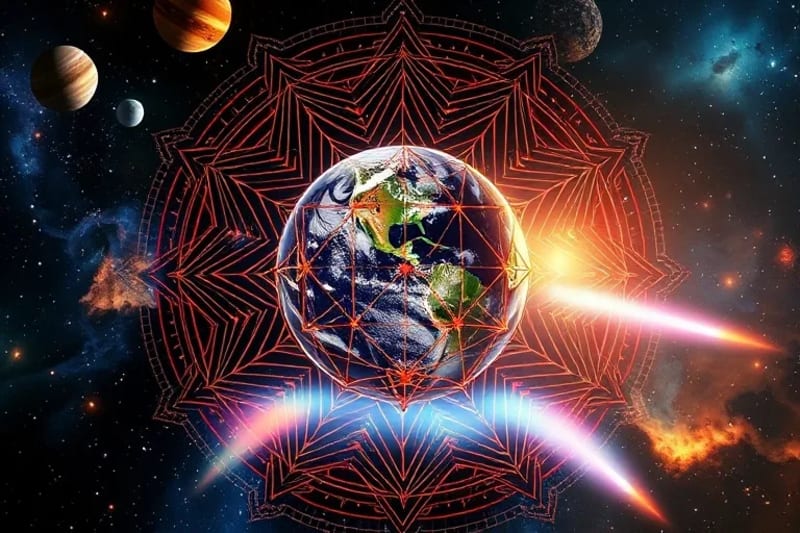 Pintura digital de planetas influenciando patrones climáticos terrestres