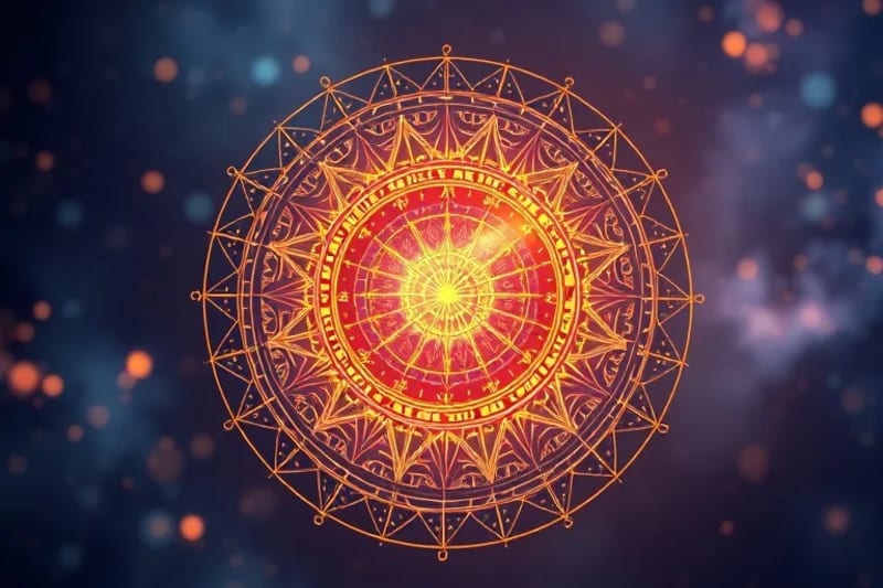 Composición 3D de herramientas astrológicas y meteorológicas con luz cuántica