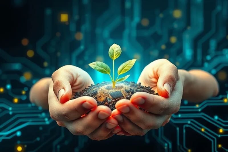 Hands holding a plant growing from a circuit board, symbolizing sustainable finance within technology.
